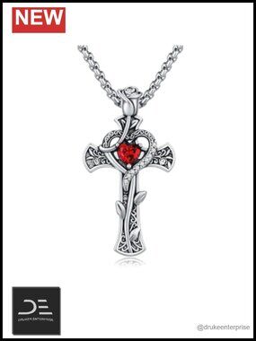 Vintage Gothic Cross Necklace with Red Heart CZ Pendant